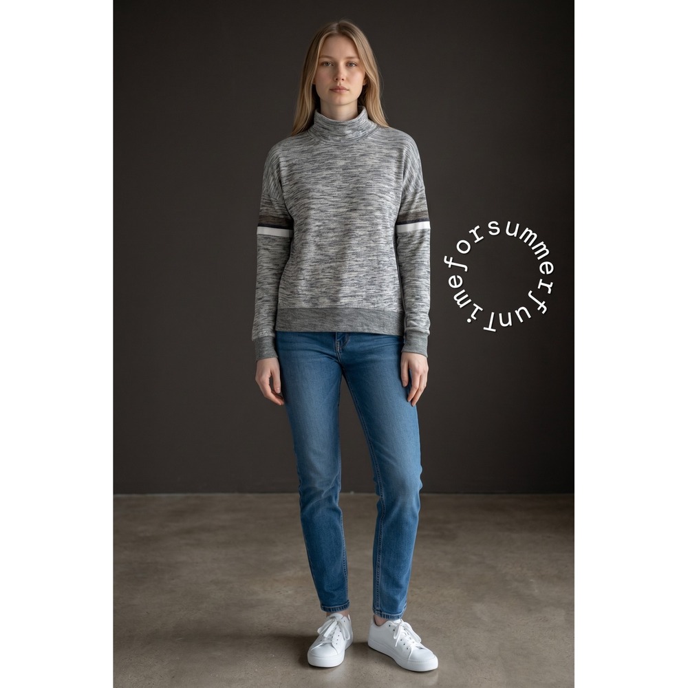 PINK Victoria's Secret Grey Space Dye Mock Neck Sweatshirt Stripe Sleeve Small S